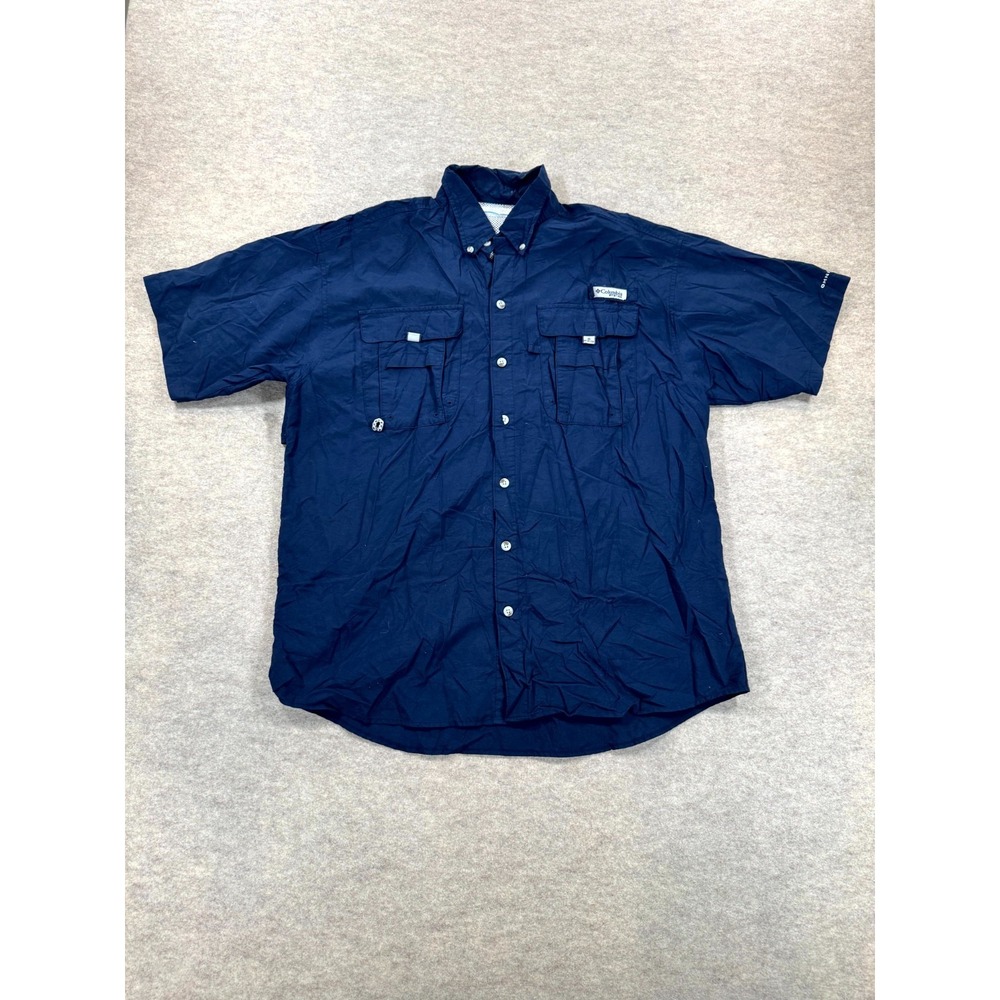 Columbia PFG Fishing Shirt Mens Medium Navy Blue Omni Shade Vented Performance